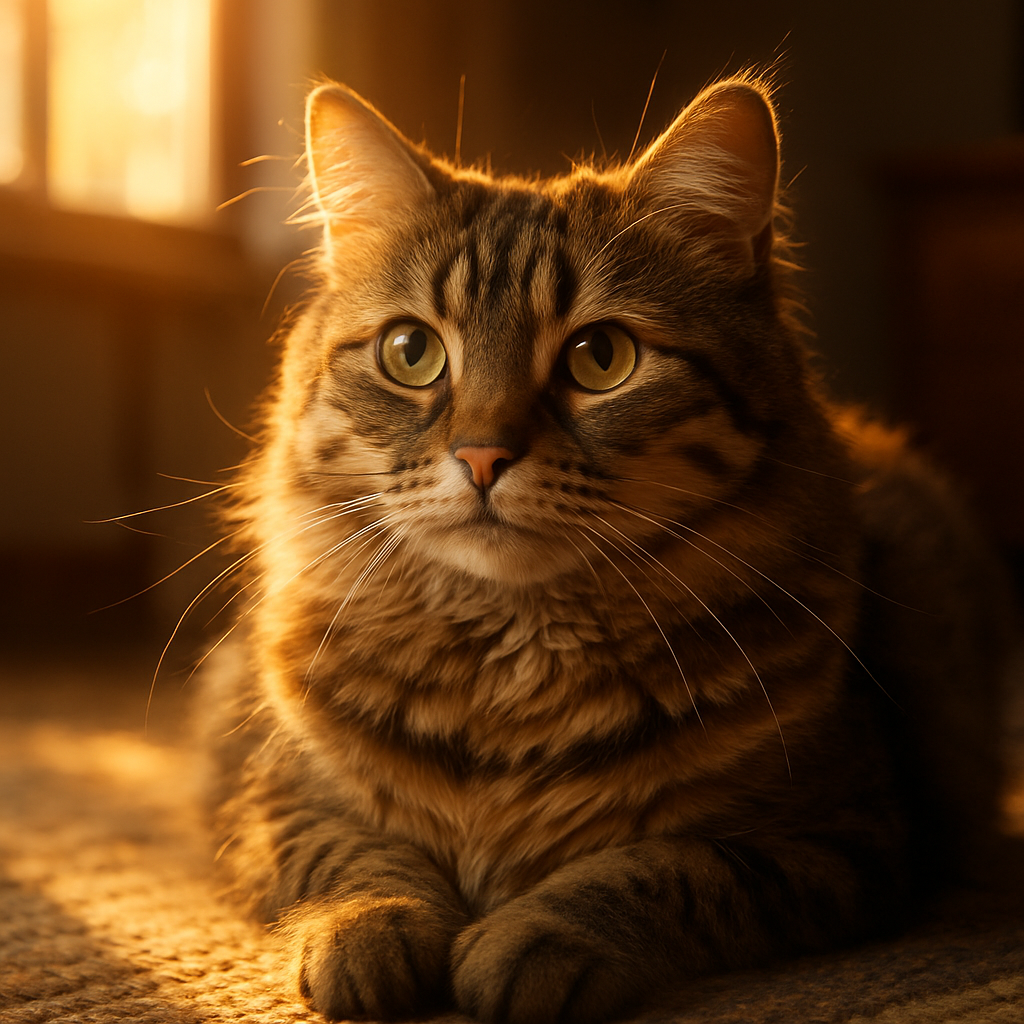 Tabby cat basking in morning sunlight on a rug