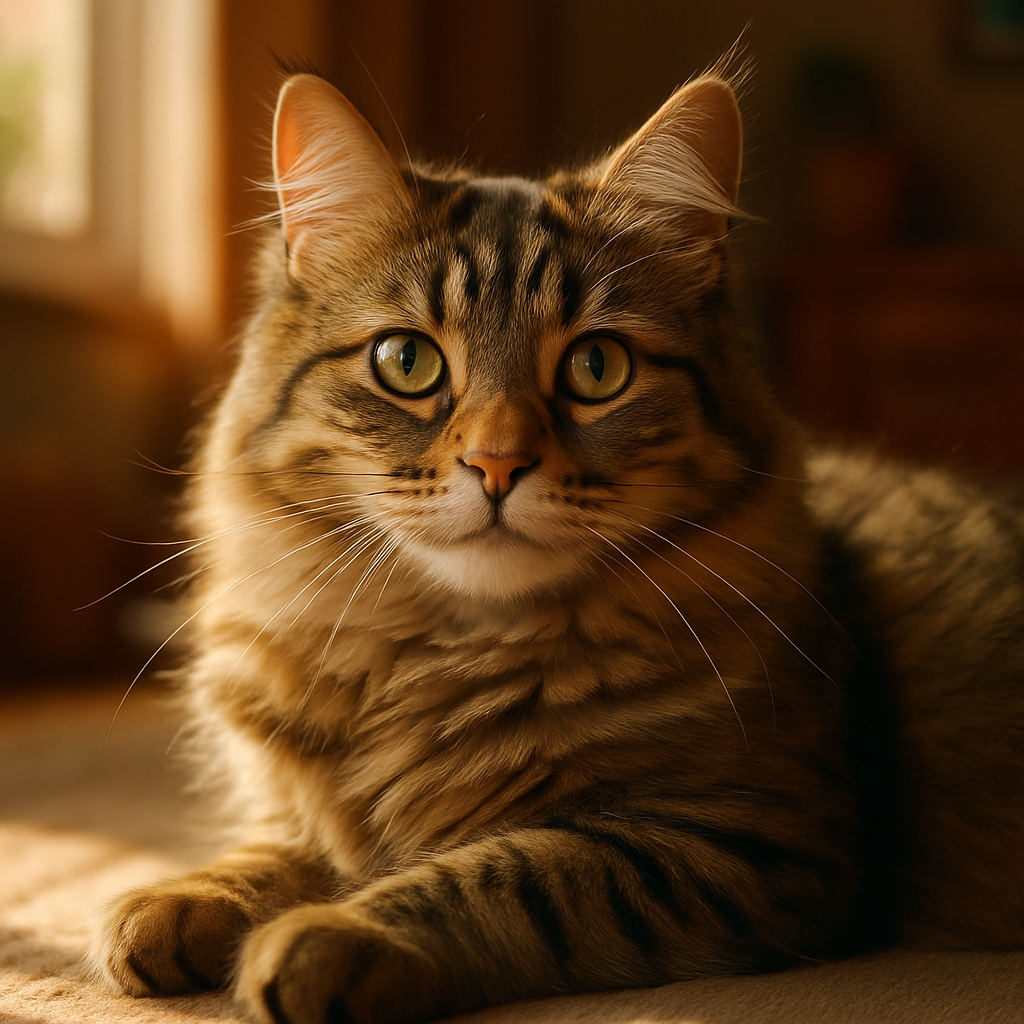 Fluffy tabby cat lounging in the sunbeam