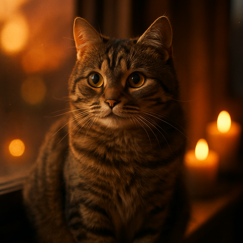 A tabby cat sitting on a windowsill during sunset.