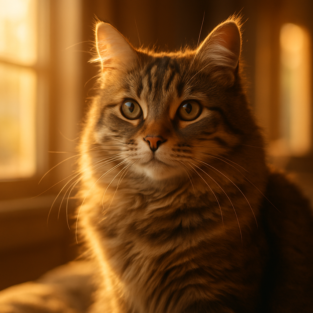 Whiskers the tabby cat basking in the morning sun