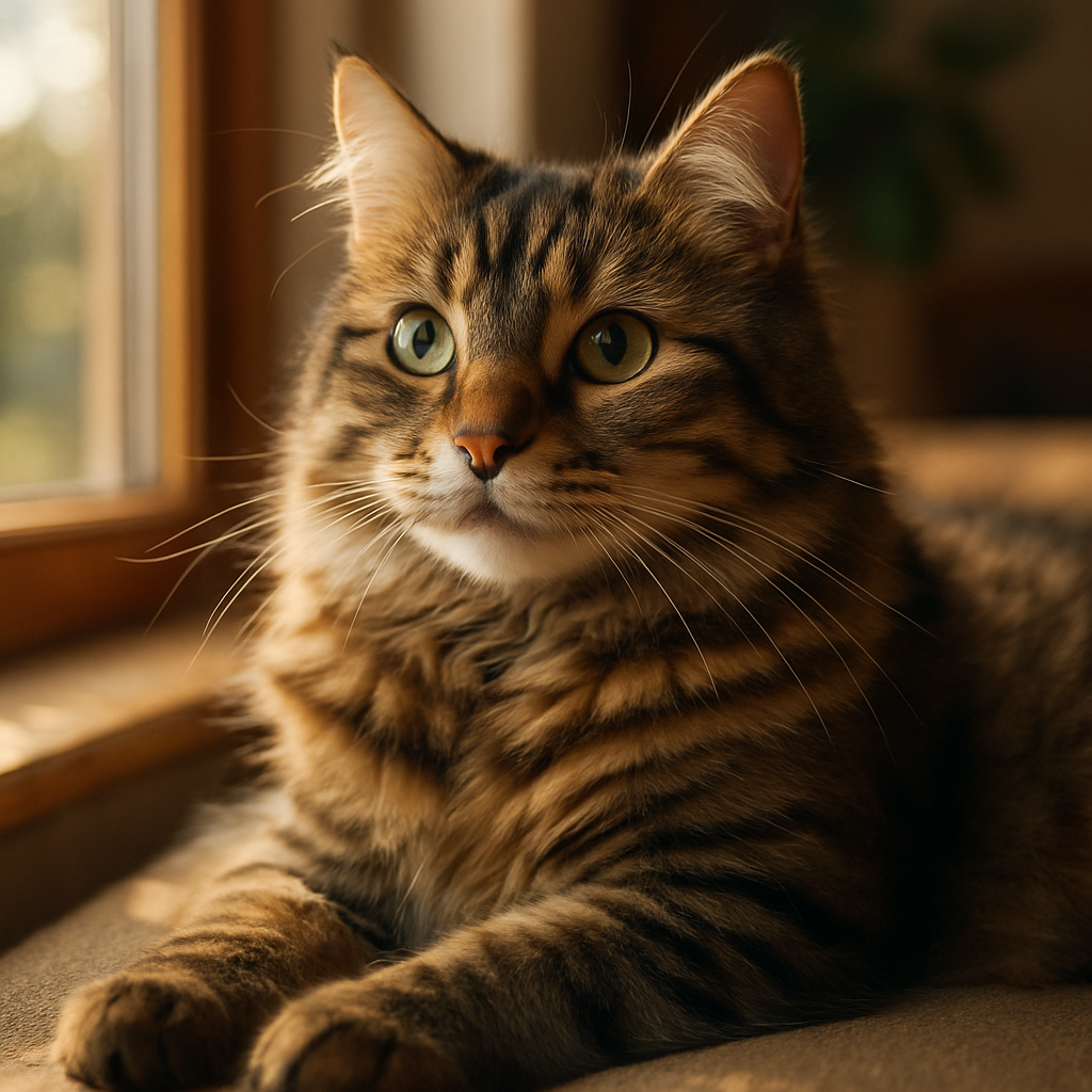 A tabby cat lounging by a sunny window