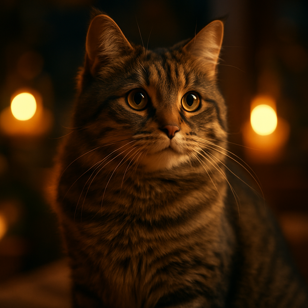 Tabby cat Whiskers exploring the garden at night
