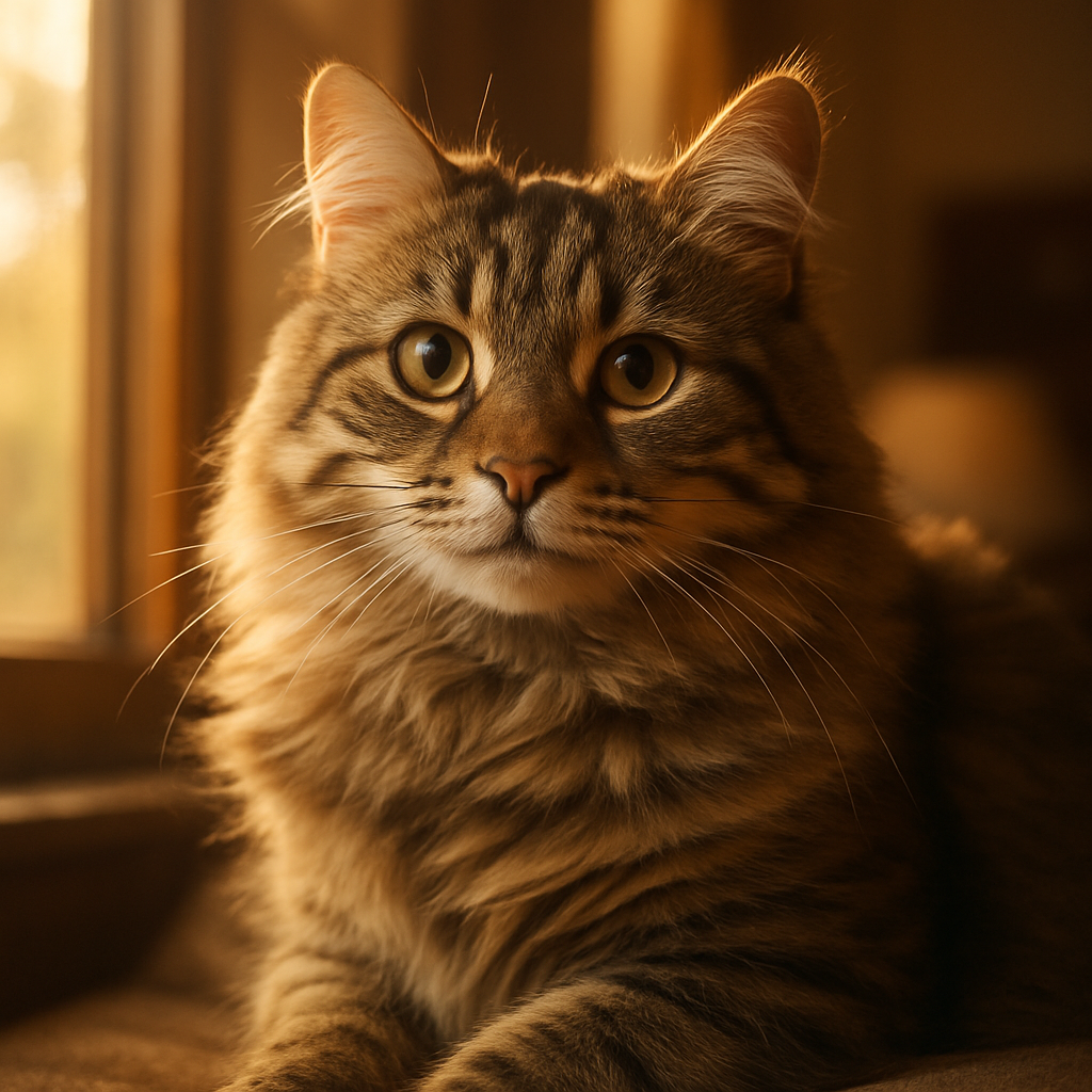 A fluffy tabby cat basking in morning sunlight by a window.