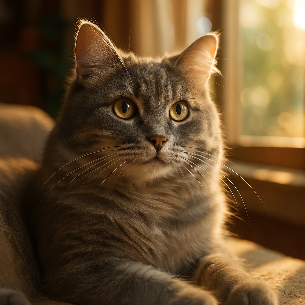 A gray cat named Whiskers lounging by a sunny window