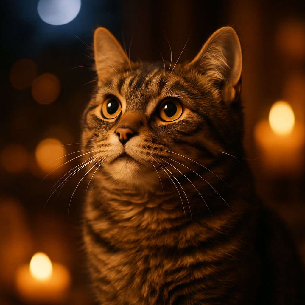 A tabby cat under a moonlit night, gazing at the sky.