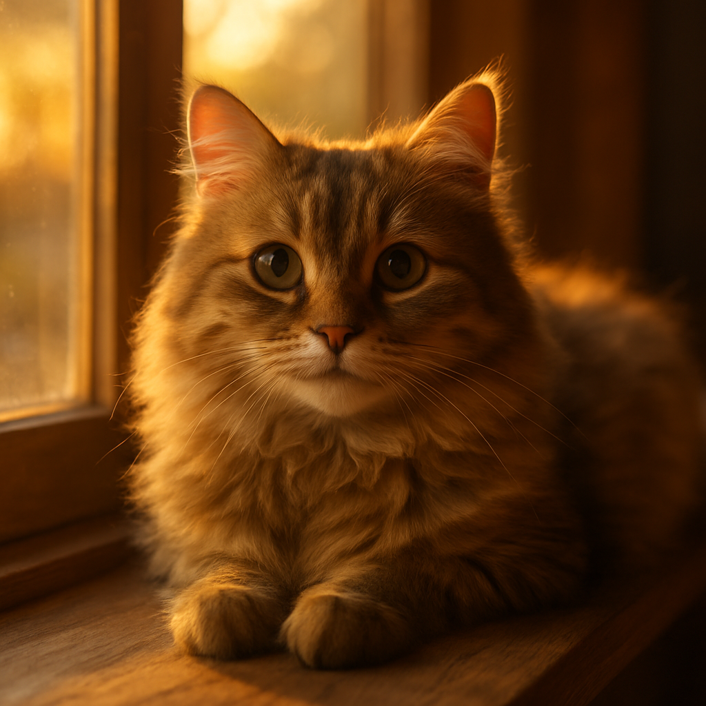 A charming cat basking in morning sunlight on a windowsill.