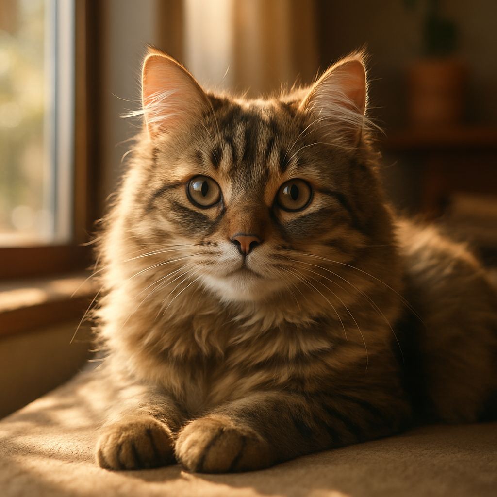 A cat lounging in a sunny spot by a window.
