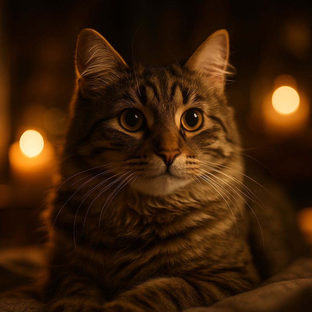 A curious tabby cat exploring a moonlit garden