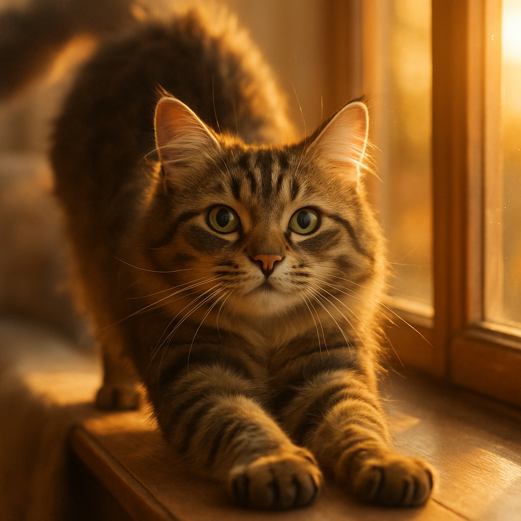 A tabby cat stretching on a windowsill at dawn.