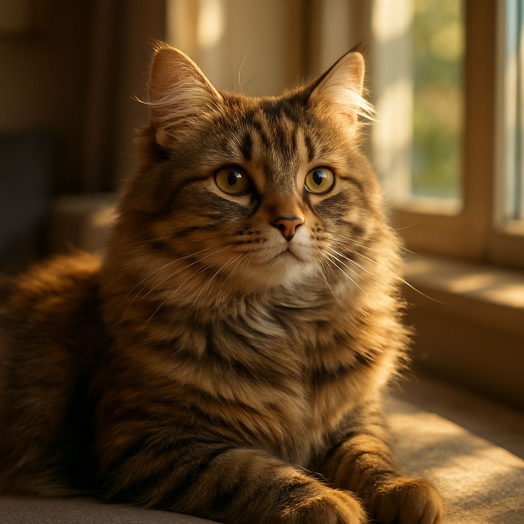 A fluffy tabby cat basking in a sunny window spot