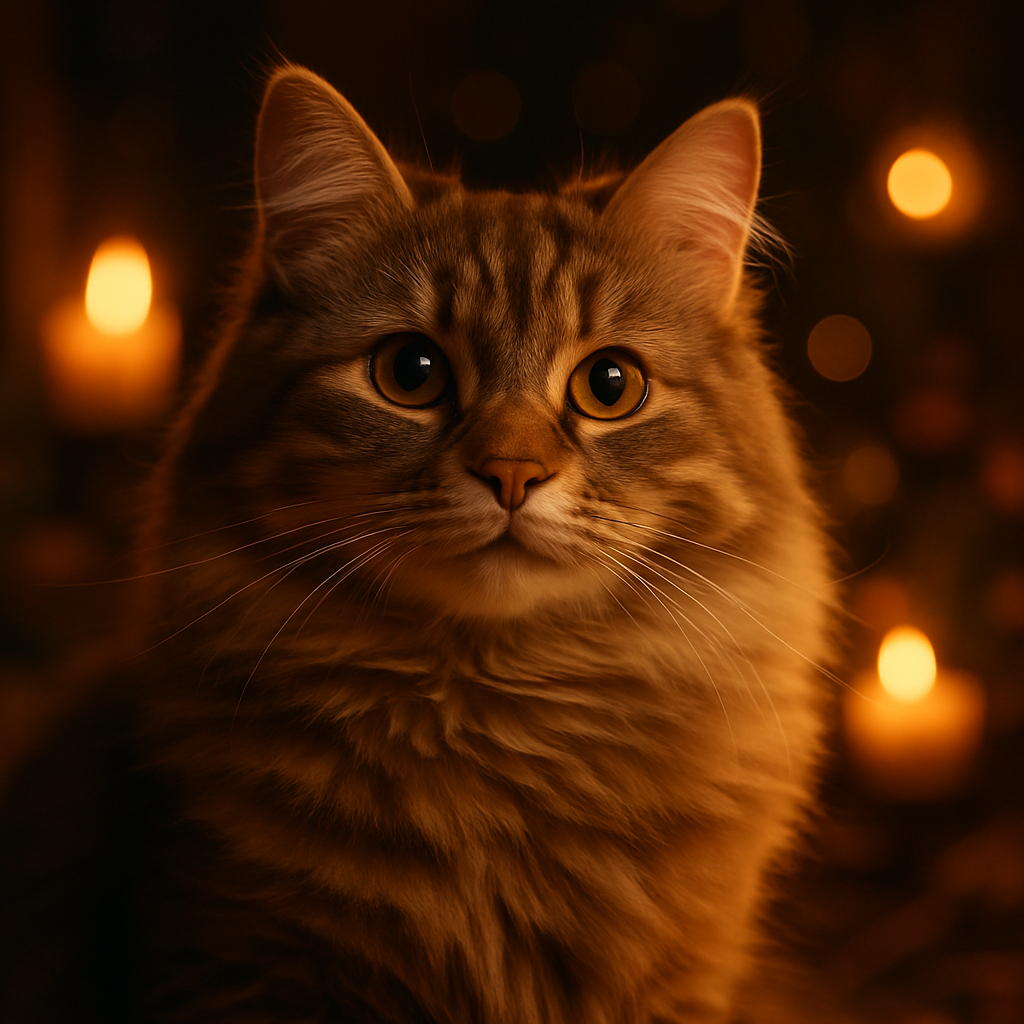 Cat exploring a moonlit garden with fireflies and flowers