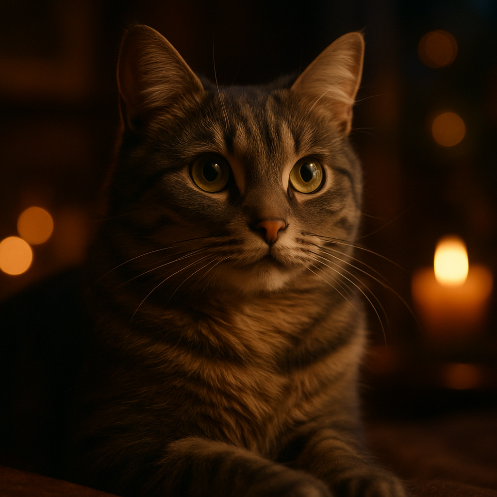 Gray tabby cat with green eyes under moonlight