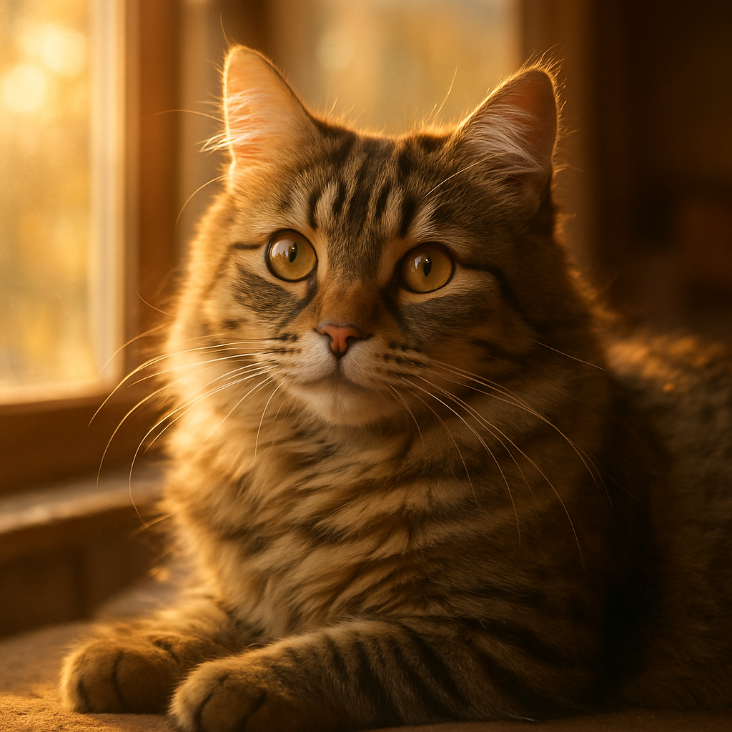 Tabby cat basking in morning sunlight by a window