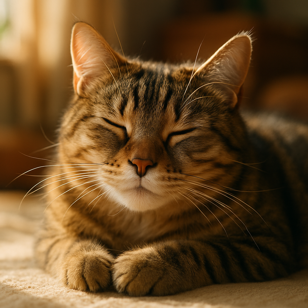 A tabby cat peacefully napping in a sunbeam.