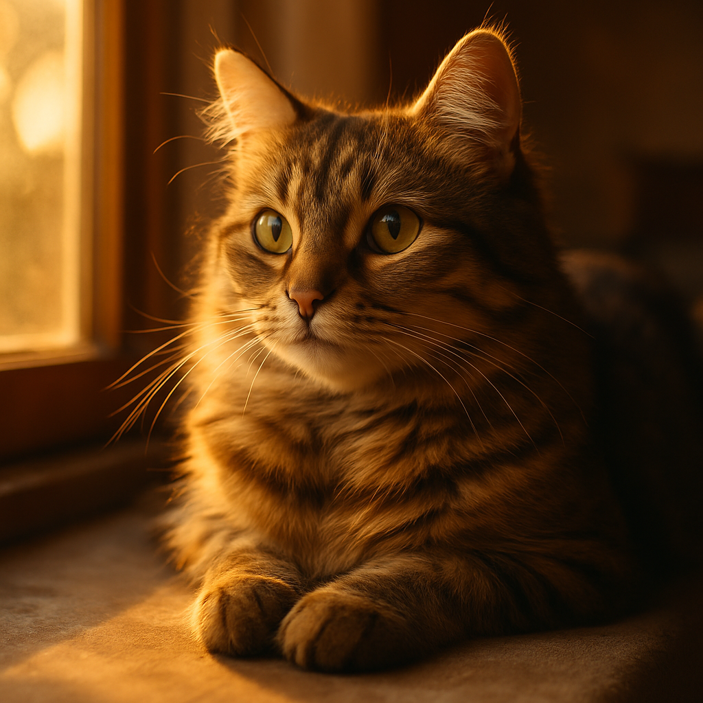 A tabby cat basking in morning sunlight on a windowsill