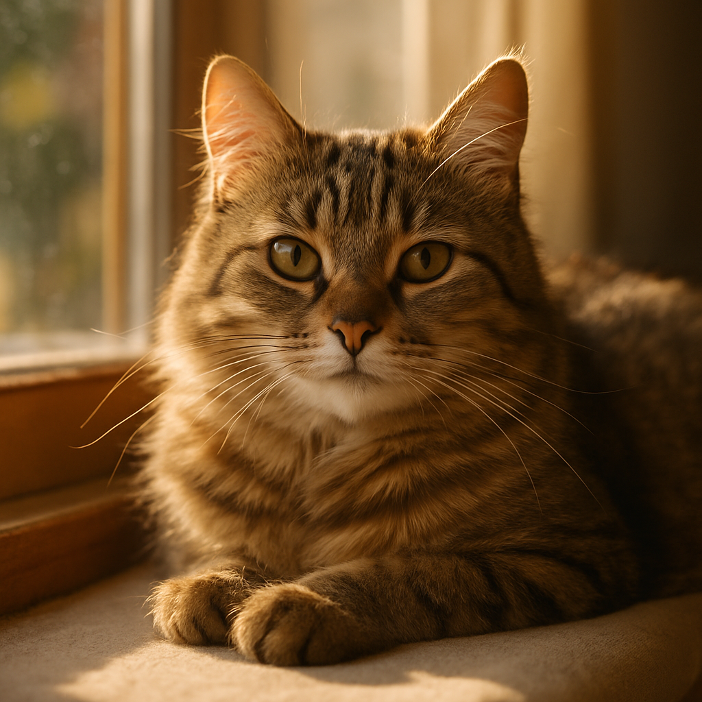 Tabby cat napping on a sunny windowsill