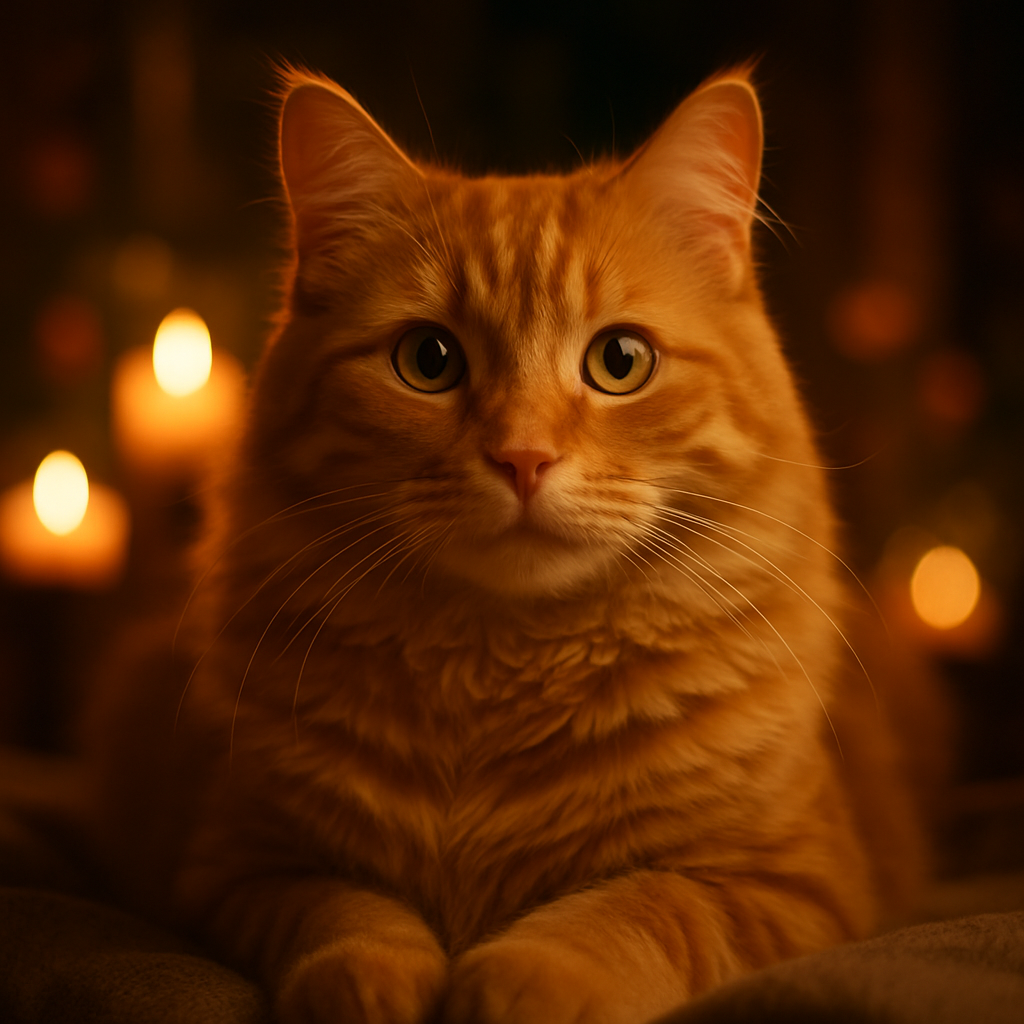 Ginger tabby cat in a moonlit garden with flowers