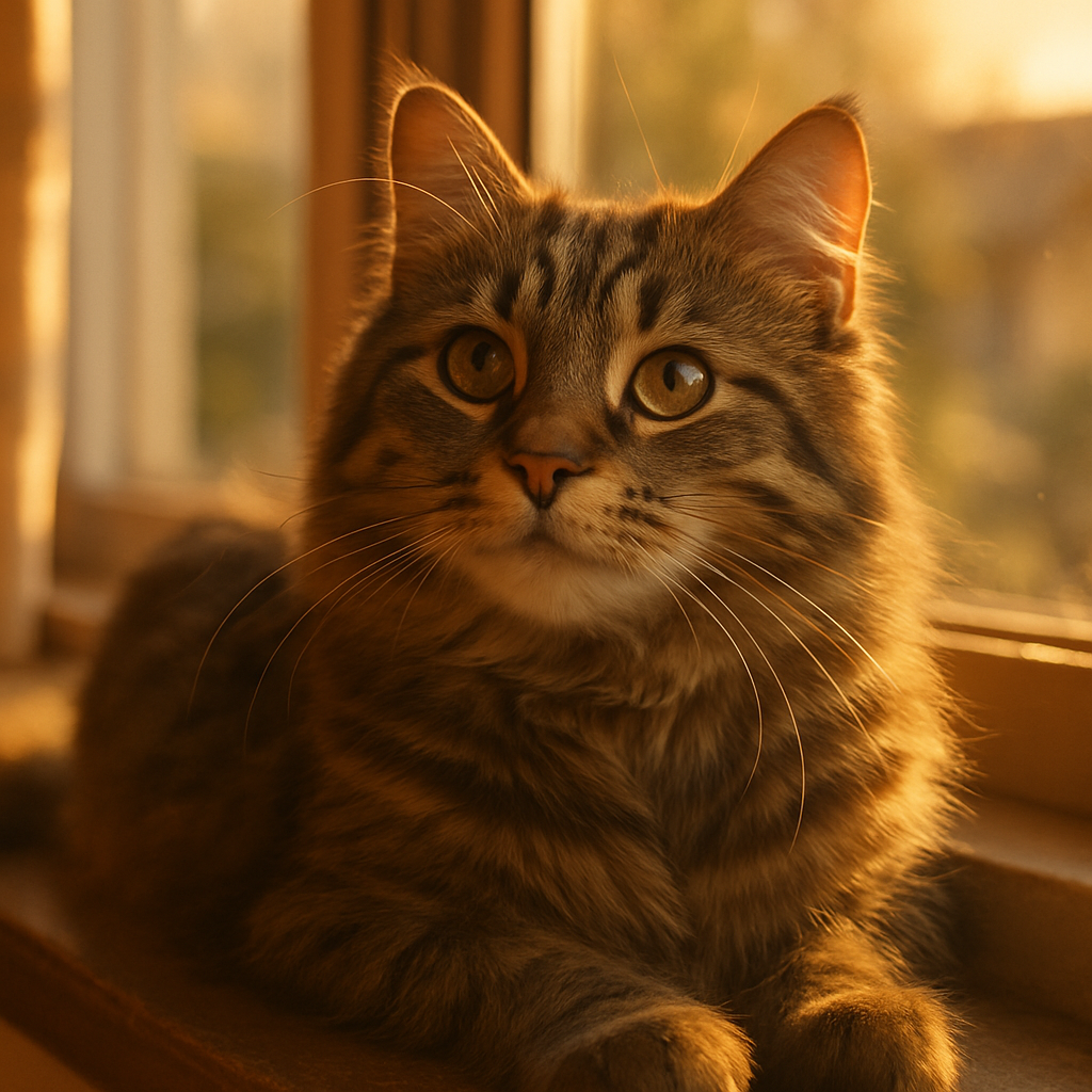 A tabby cat basking in morning sunlight on a windowsill