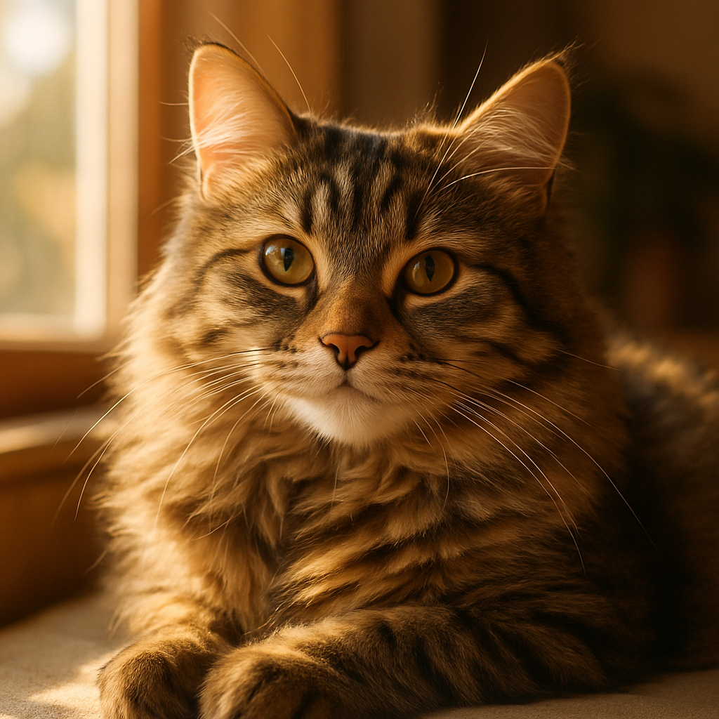 A fluffy tabby cat napping on a sunny windowsill.