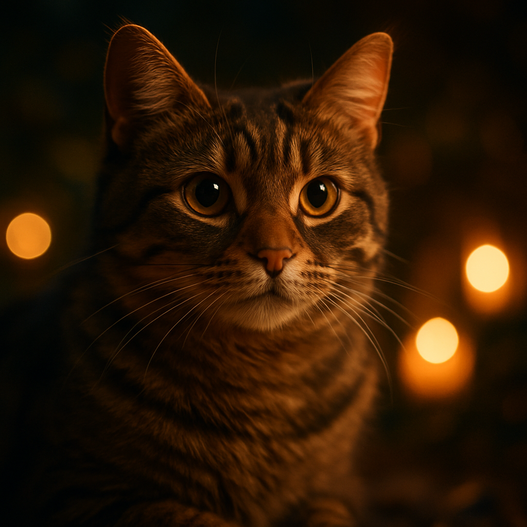 Tabby cat exploring a moonlit garden