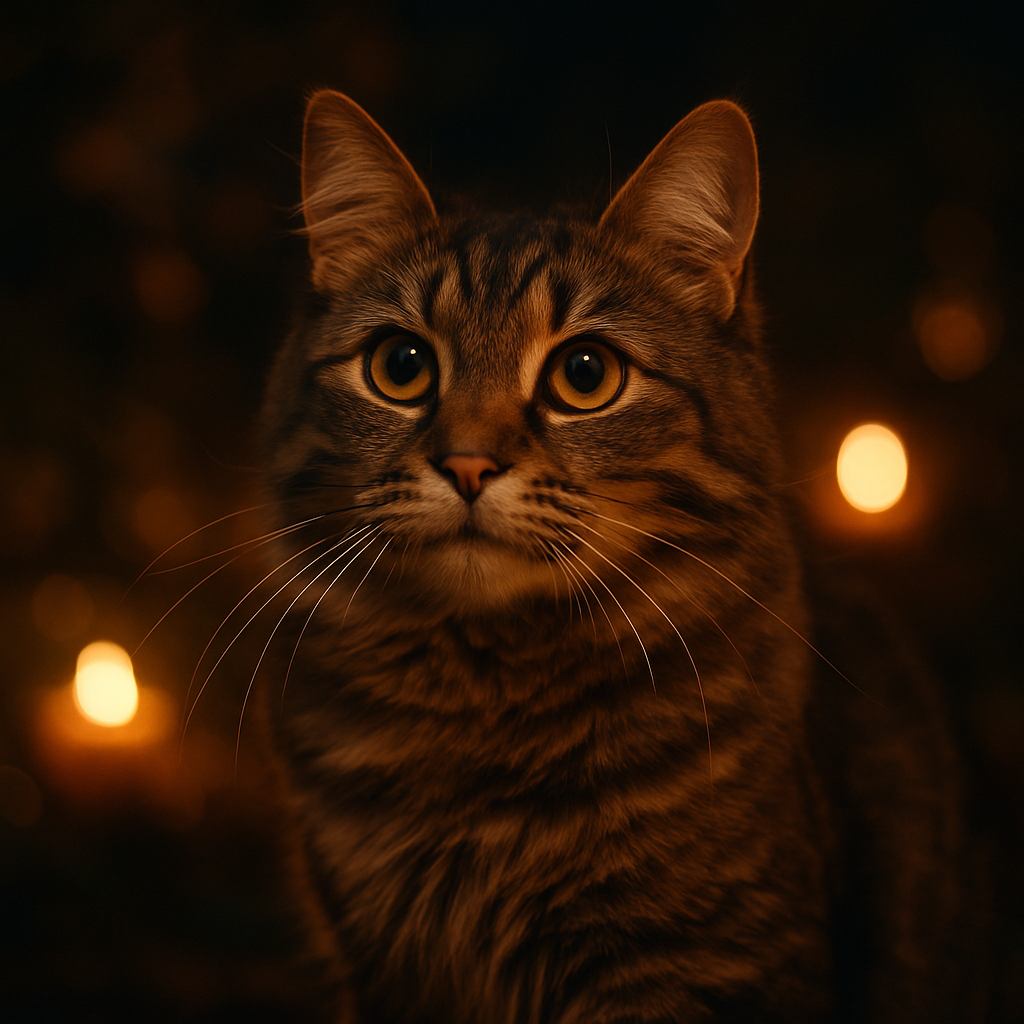 Tabby cat exploring a moonlit garden