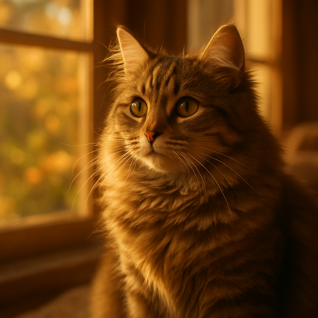 A fluffy tabby cat exploring a sunny garden.