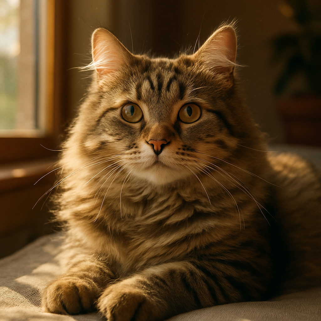 A fluffy tabby cat lounging in a sunbeam by a window.