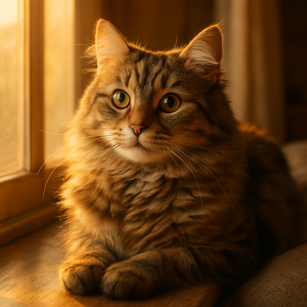 Fluffy tabby cat basking in morning sunlight on a window sill.