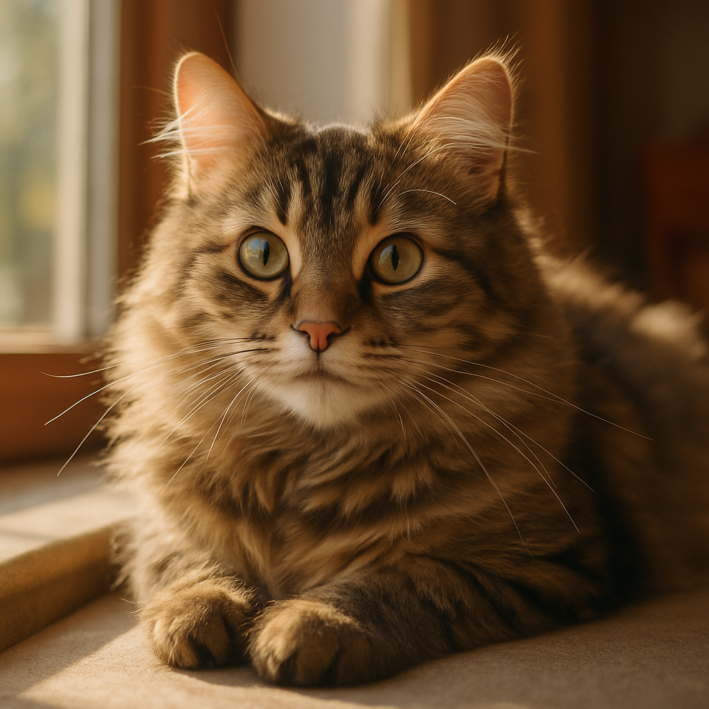 Fluffy tabby cat basking on a sunny windowsill