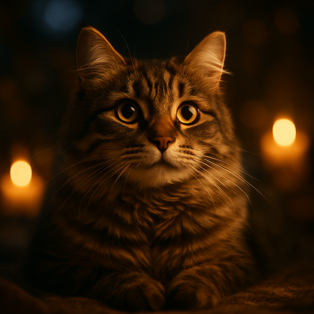 A tabby cat under the moonlight in a garden