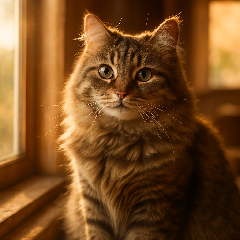 A fluffy tabby cat sitting on a windowsill, bathed in morning sunlight.