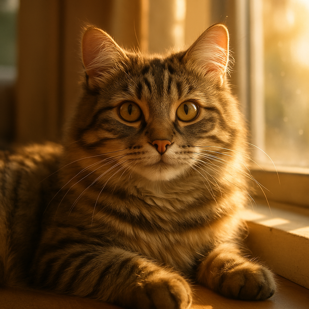 A tabby cat lounging on a sunny windowsill