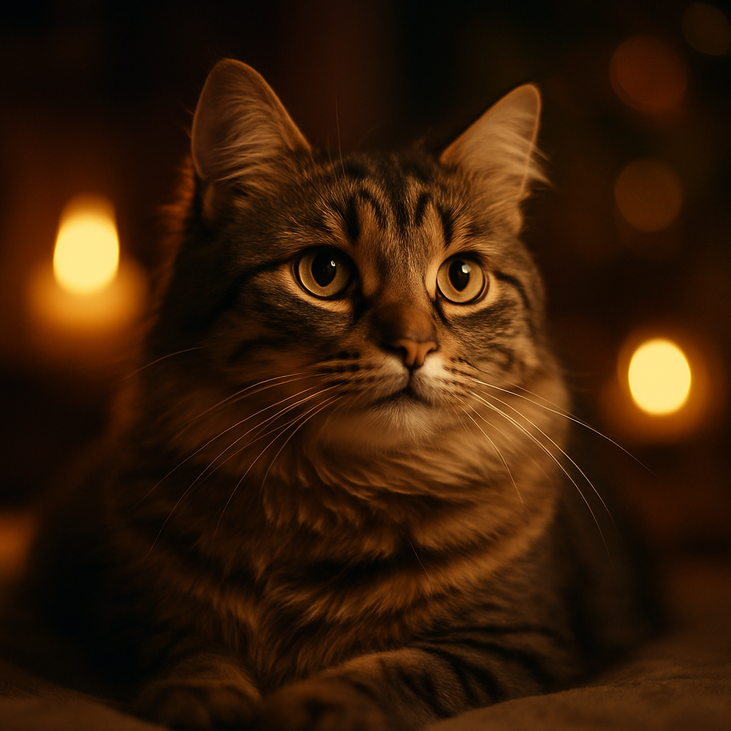 A tabby cat peacefully exploring a moonlit garden.