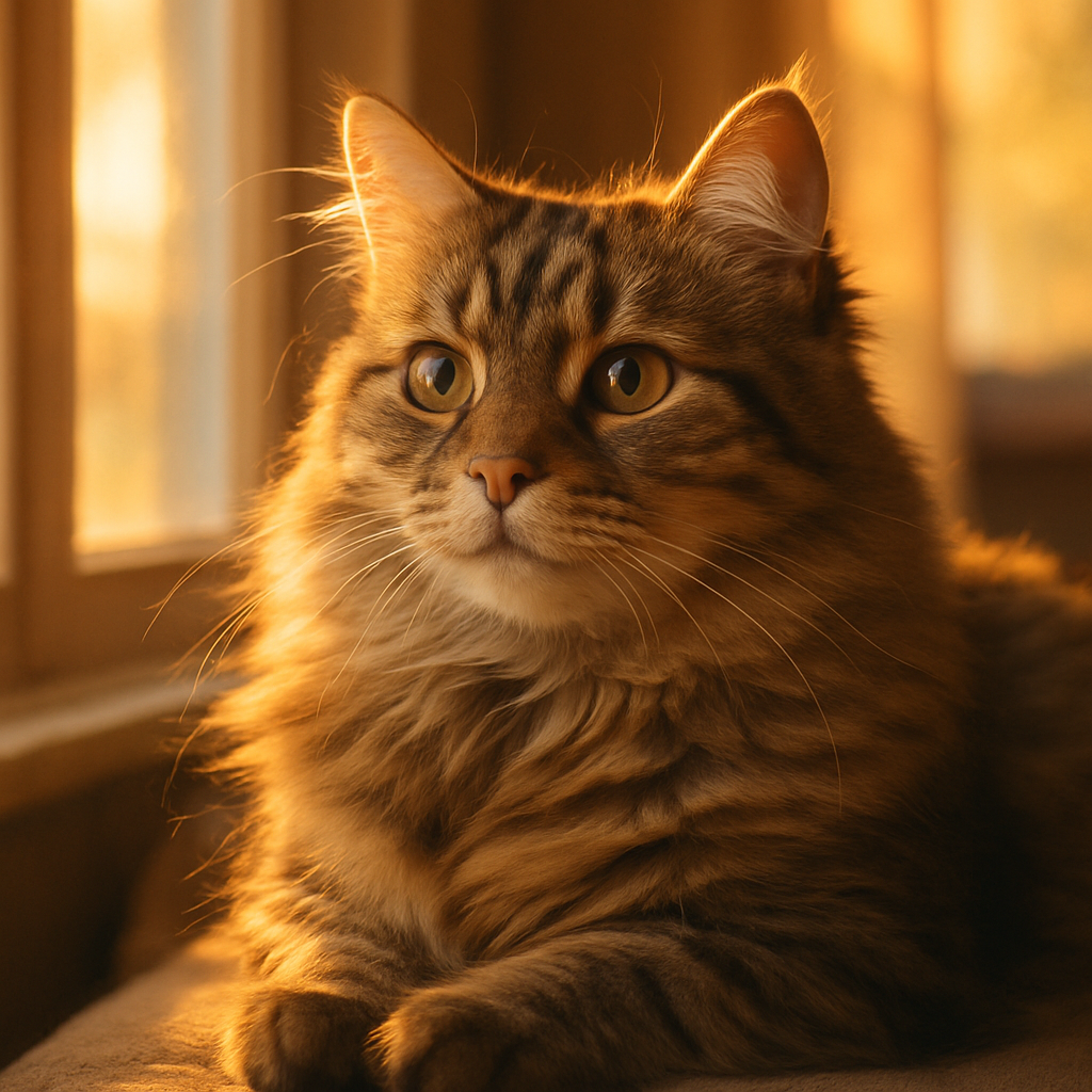 A fluffy tabby cat basking in the morning sun