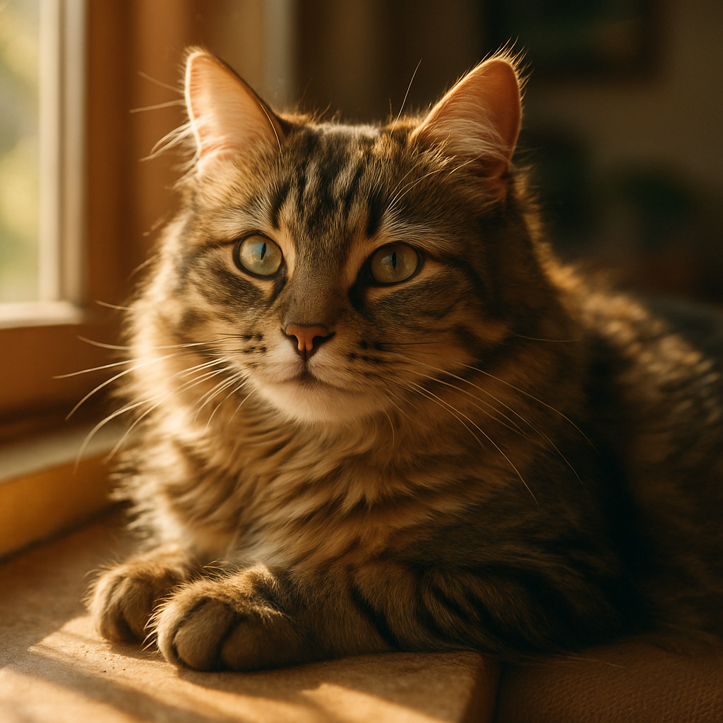 Tabby cat napping in a sunbeam on a windowsill