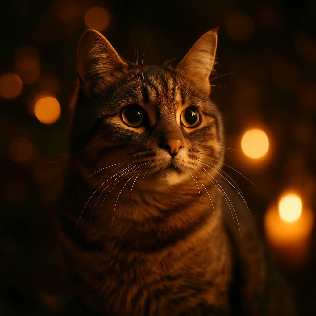 A curious tabby cat exploring a nighttime garden.