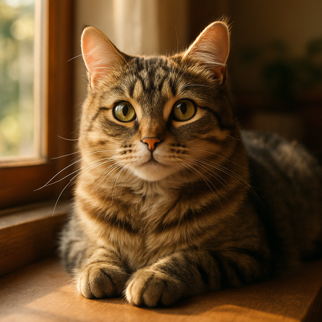 A tabby cat lounging on a sunny windowsill.