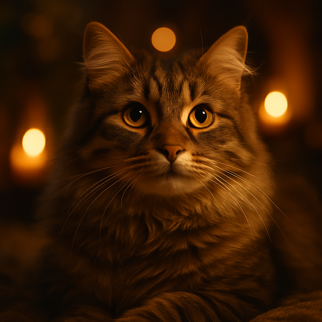 Fluffy tabby cat exploring a moonlit garden
