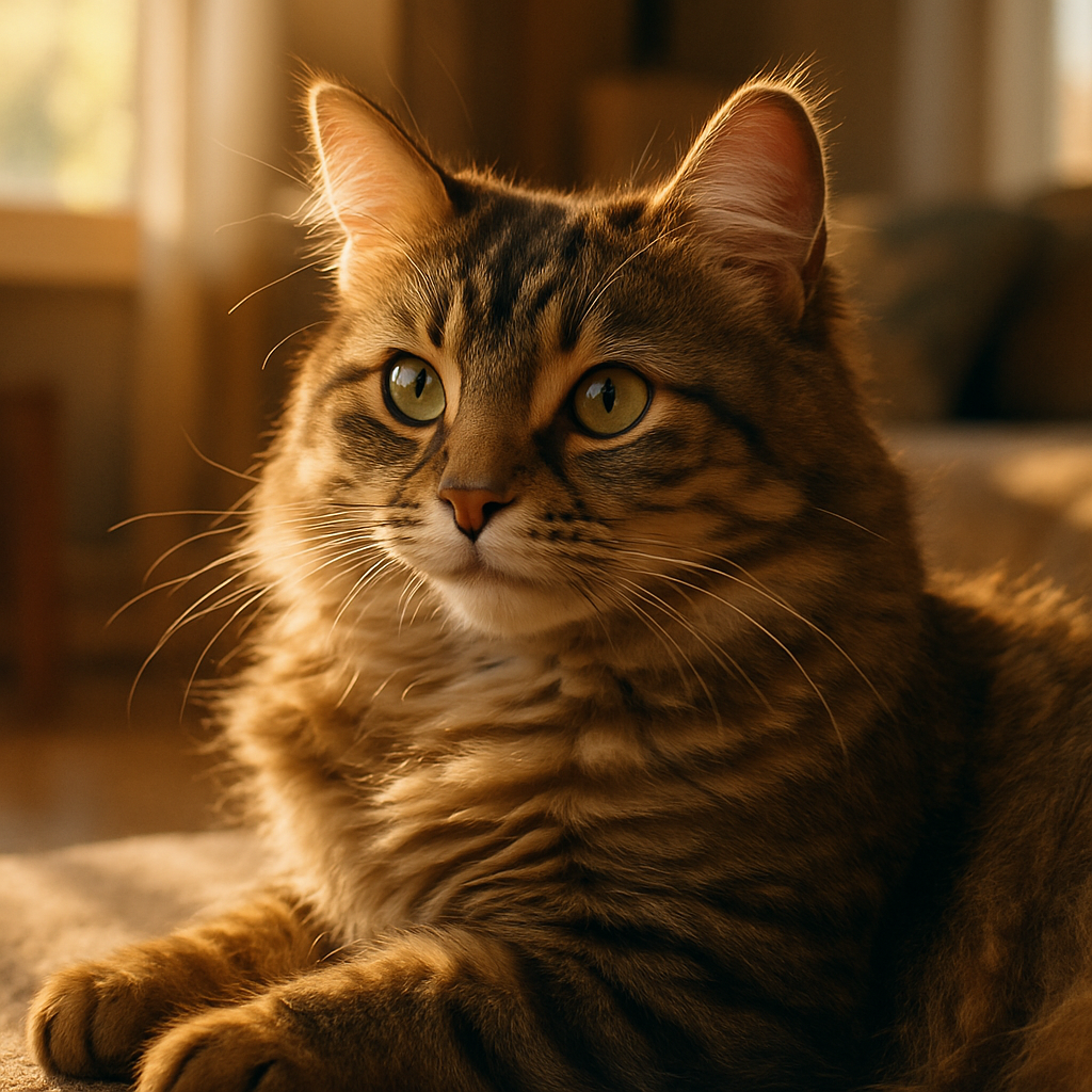 A tabby cat napping in a sunbeam.