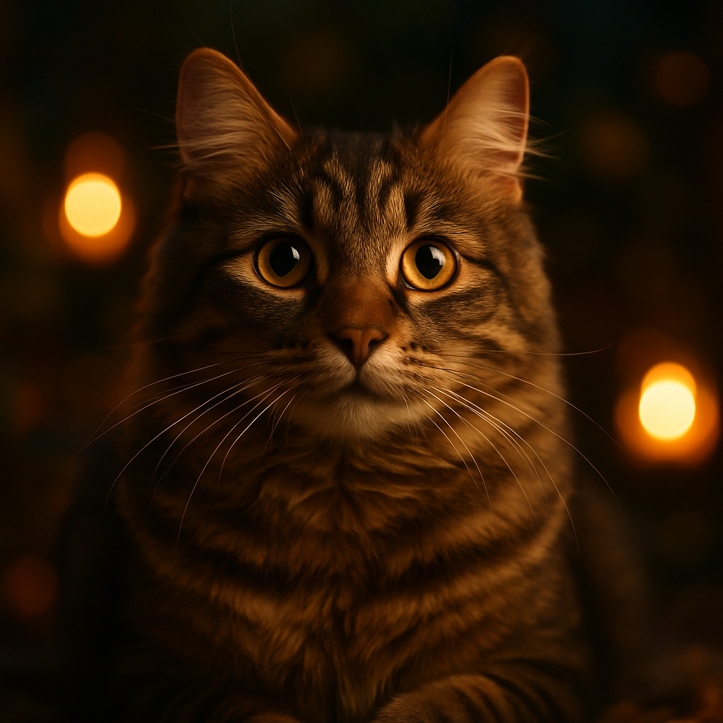 Curious tabby cat in a garden at twilight