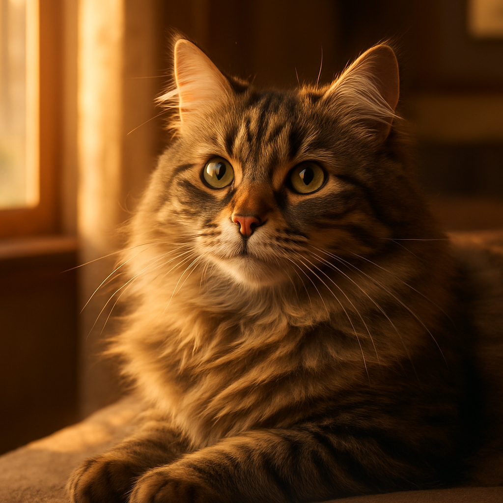A fluffy tabby cat basking in the morning sun.