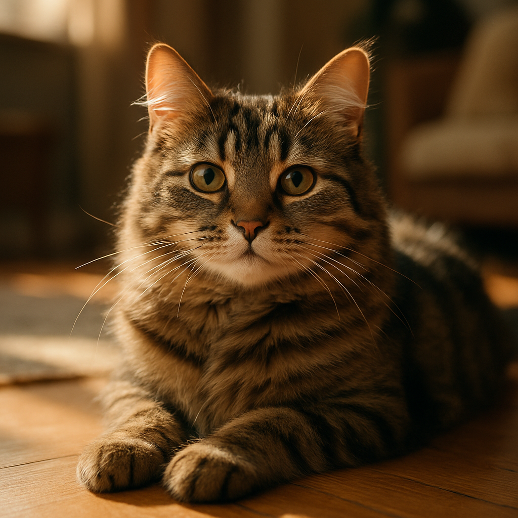 A tabby cat basking in a sunny spot on the floor