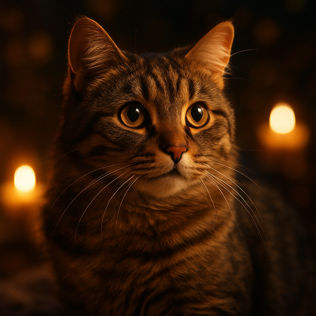 A tabby cat exploring a moonlit garden
