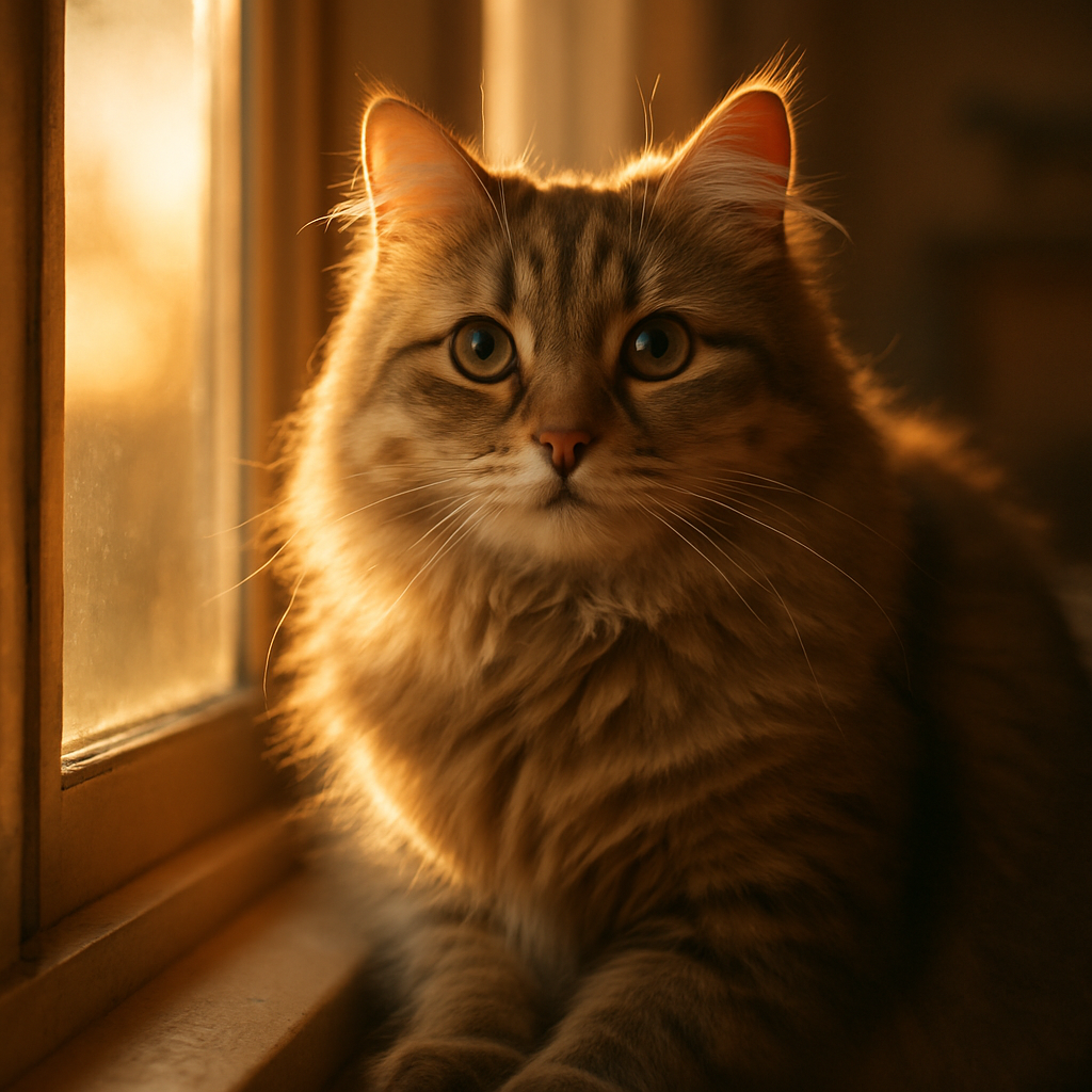 A cat sitting on a windowsill, basking in sunlight.
