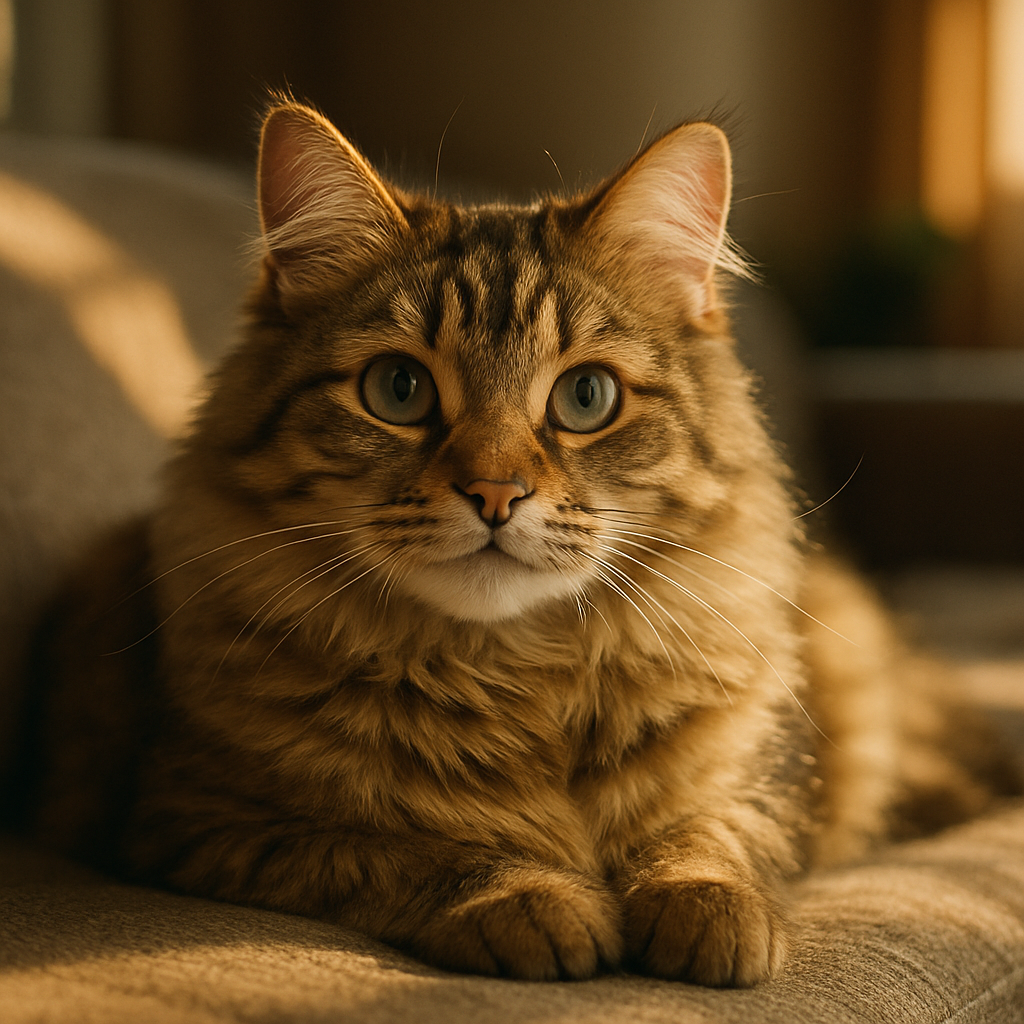 A contented tabby cat sunbathing on a cozy couch
