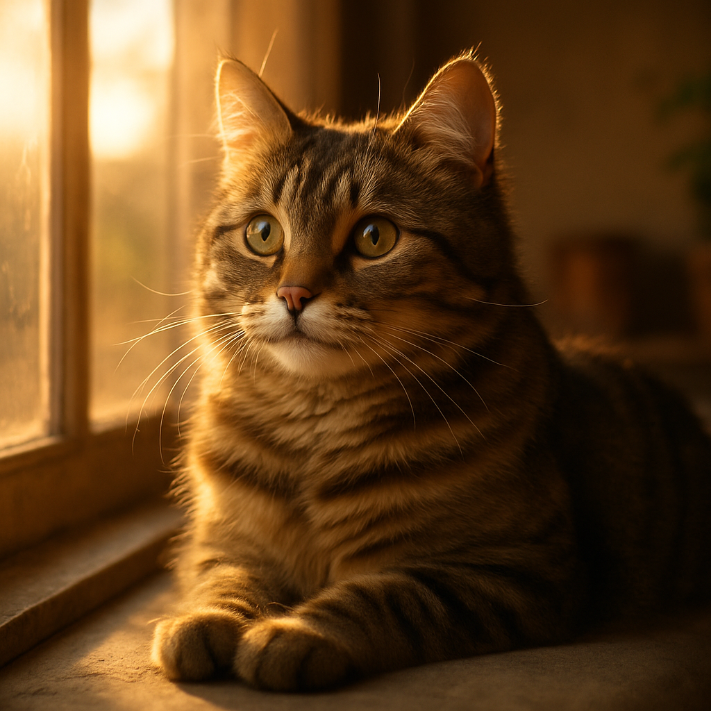 A tabby cat basking in morning sunlight on a windowsill