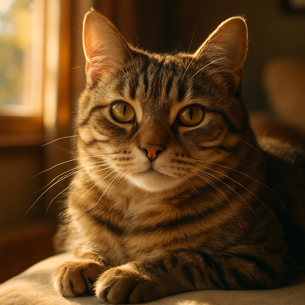 Tabby cat enjoying a sunny afternoon nap by the window.