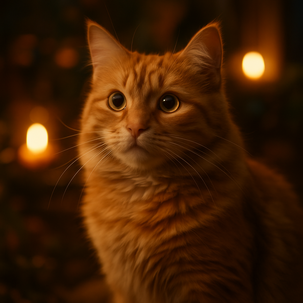 Curious ginger tabby cat exploring a garden at twilight