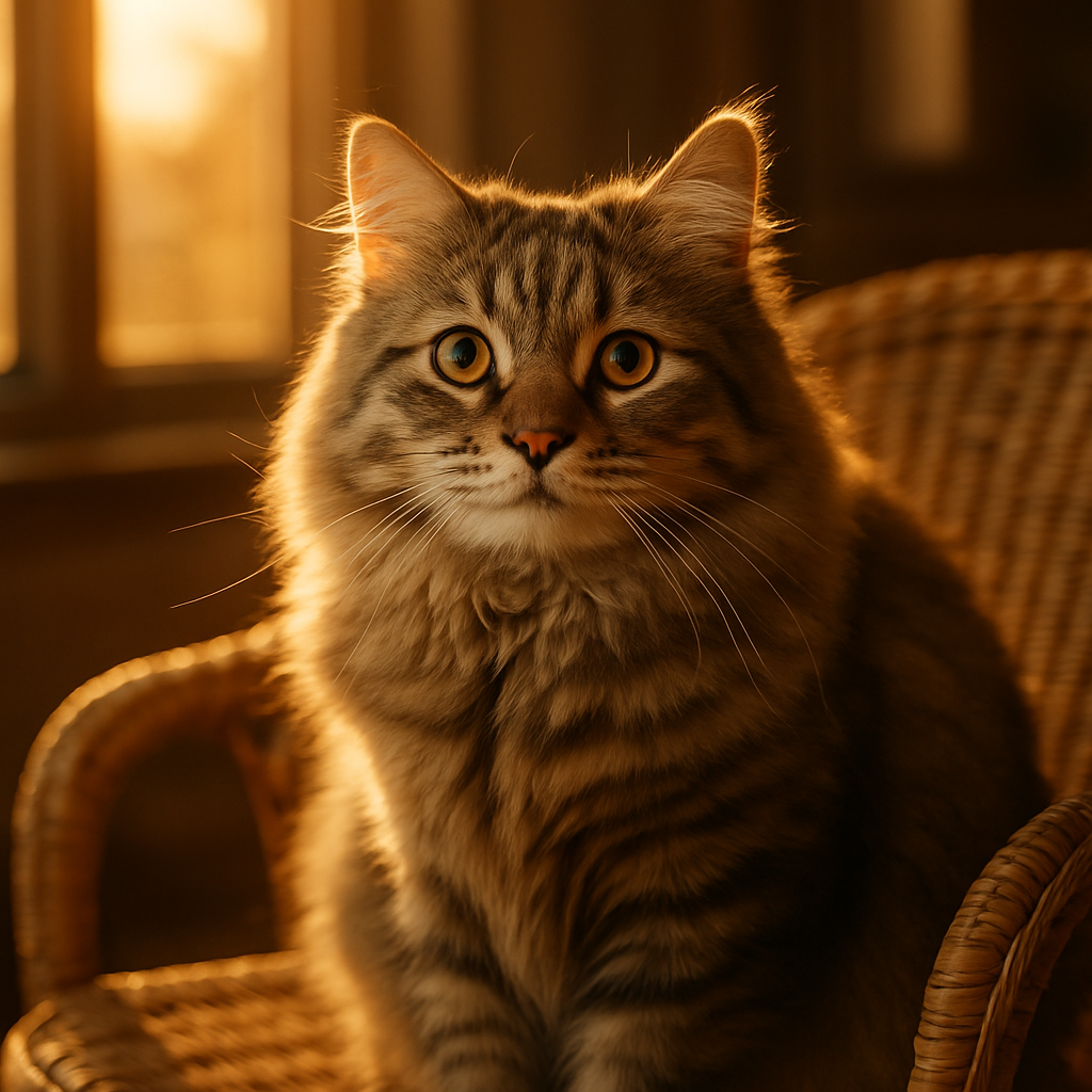 Fluffy tabby cat sitting on a wicker chair in the morning sun