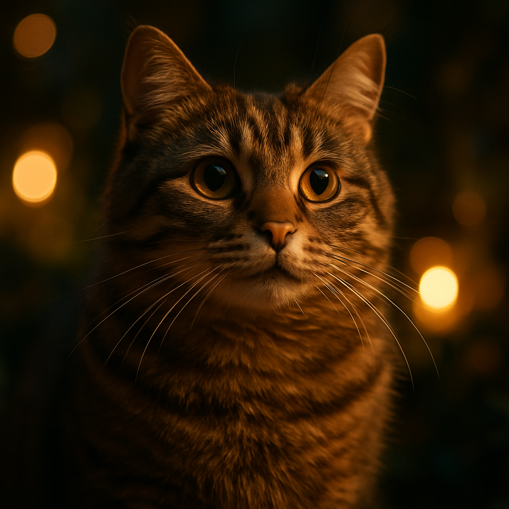 Whiskers, the tabby cat, exploring a garden at night